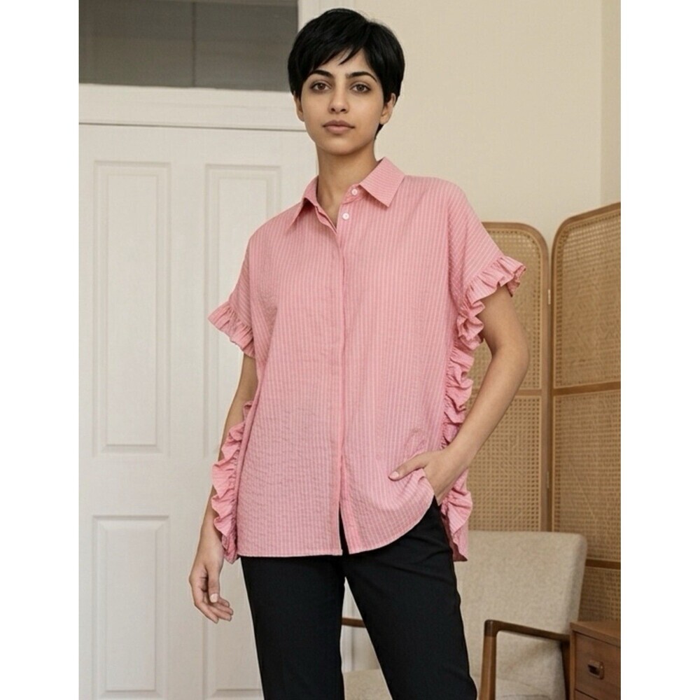 NWT Harshman Women’s Darcy Rose Pink Seersucker Ruffle Blouse Top Oversized - L
